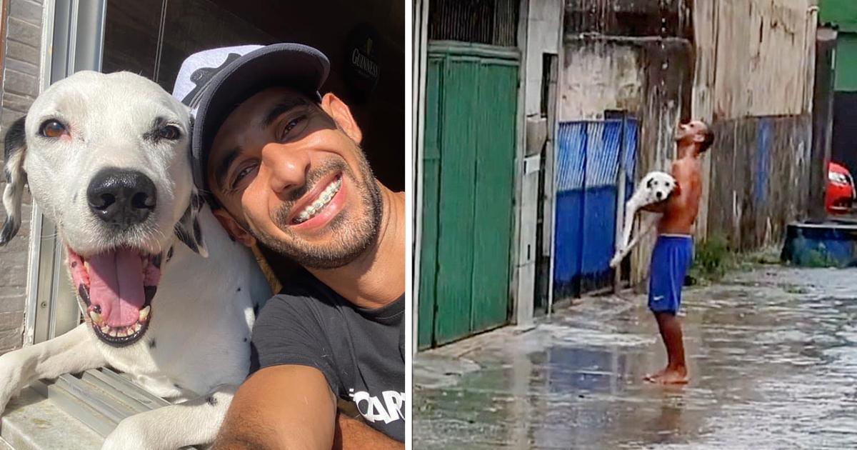 Man carries his paraplegic puppy in his arms to enjoy the rain: “He still loves it”